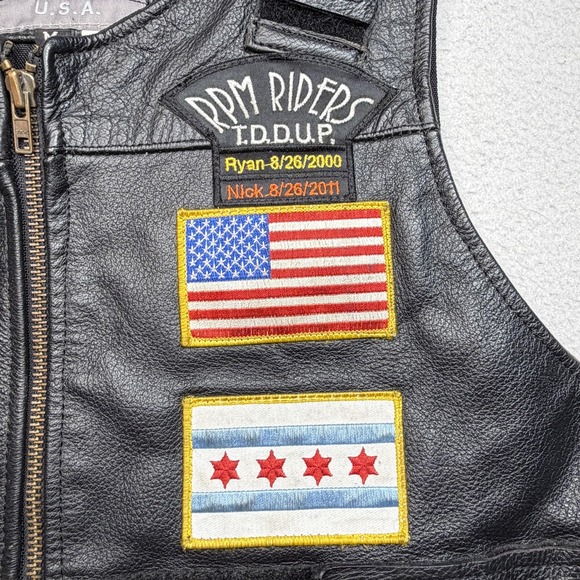 Pro-Rider Vest Mens Medium Black Leather Biker Zip RPM Riders Flag Patches USA - Picture 3 of 7